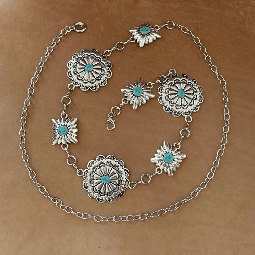 Concho Silver Toned Faux Blue Swirl Stone Large Round Square Belt Adjustable New